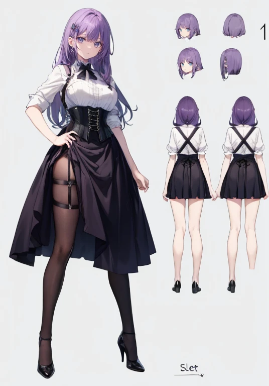 Purple hair,Long hair,Adult female,Bartender,((Body harness)),((Rolling up your sleeves shirt)),(Corset),(skirt),(slit),High heels,((Simple background)),Smile,((Full body)),((whole body)),Character Sheet,