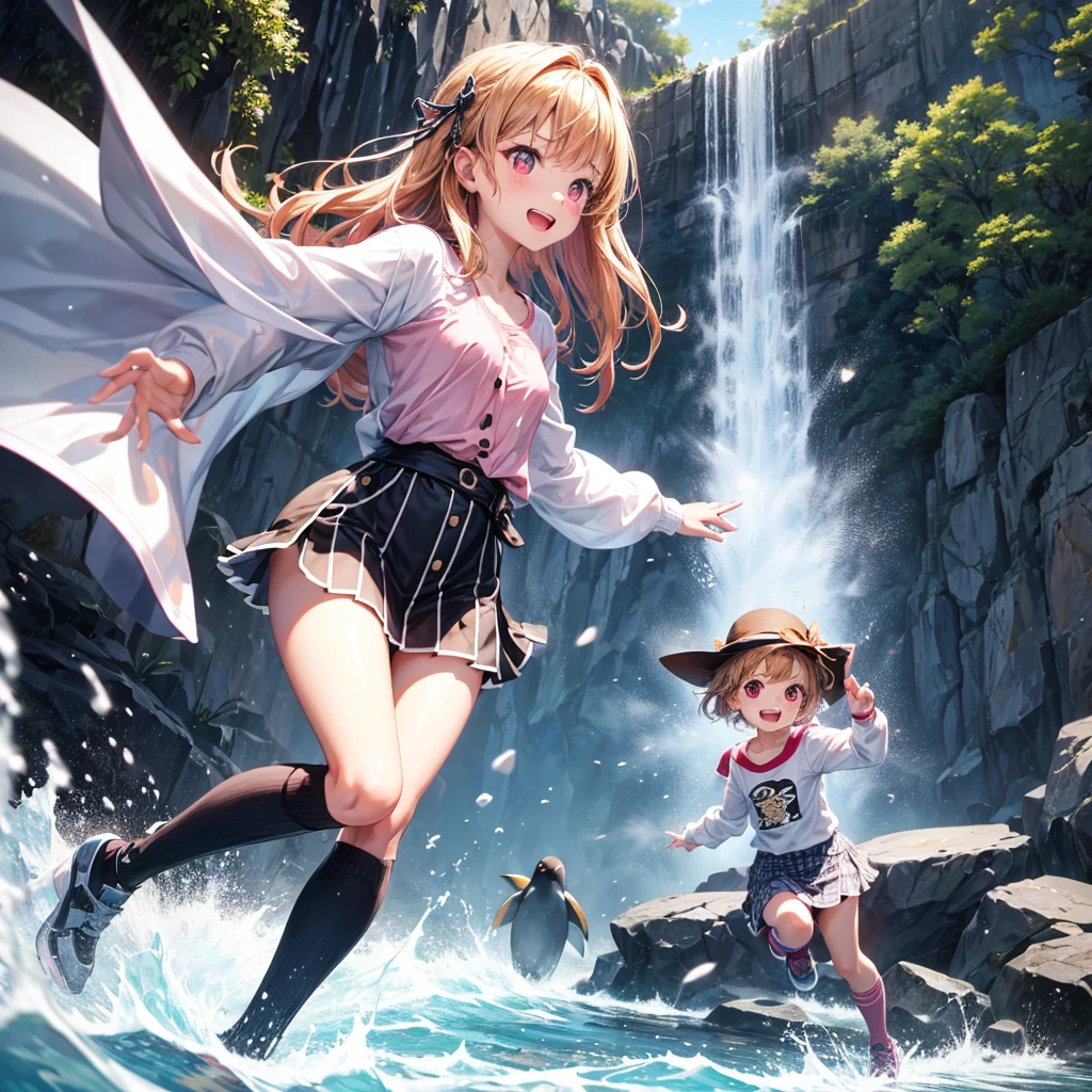 Pink gold golden hair、Red eyes、One good looking girl、solo、anime、Checkered mini skirt、The skirt has buttons、one piece、Blue camisole、White T-shirt、、Long sleeve、Black knee-high socks、Wearing a ribbon、Ribbon on waist、Tilting face、Teeth are visible、waterfall、tunnel、Sunset sky、The water surface is exploding、The rocks are exploding、Penguins are walking、Snow is piled up、Magician