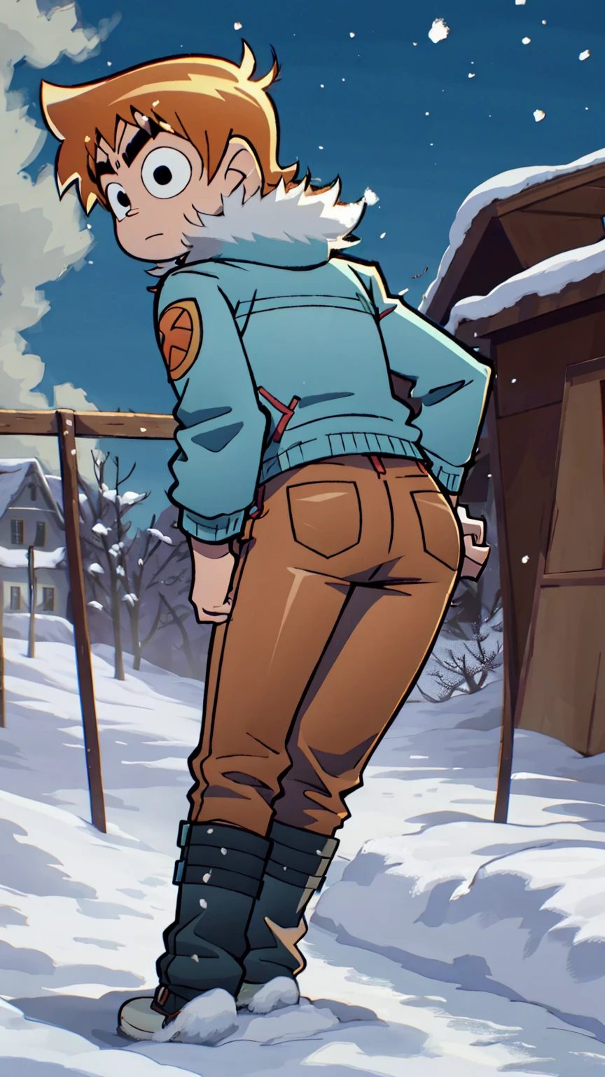 Scott Pilgrim Takes Off A Boy Scott Pilgrim Orange Hair Shirt Jacket Thick Eyebrows Canada Standing Alone in the Snow