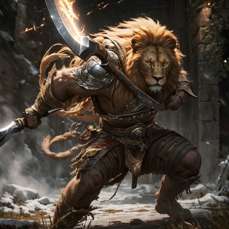 (master piece:1.5), (best quality:1.5), (cinematic lens effect) (Photorealistic picture) (Card game image) 8k, wallpaper, dynamic pose, full body were lion warrior, scar in the eye, holding a great axe, ethereal lighting, sharp focus, highly detailed, realistic, cinematic lighting, studio quality
