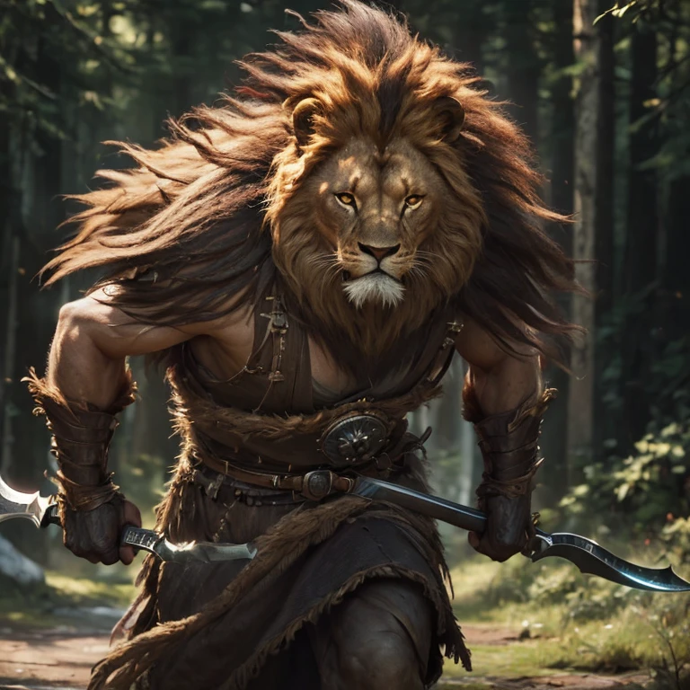 (master piece:1.5), (best quality:1.5), (cinematic lens effect) (Photorealistic picture) (Card game image) 8k, wallpaper, dynamic pose, full body were lion warrior, scar in the eye, ethereal lighting, sharp focus, highly detailed, realistic, cinematic lighting, studio quality
