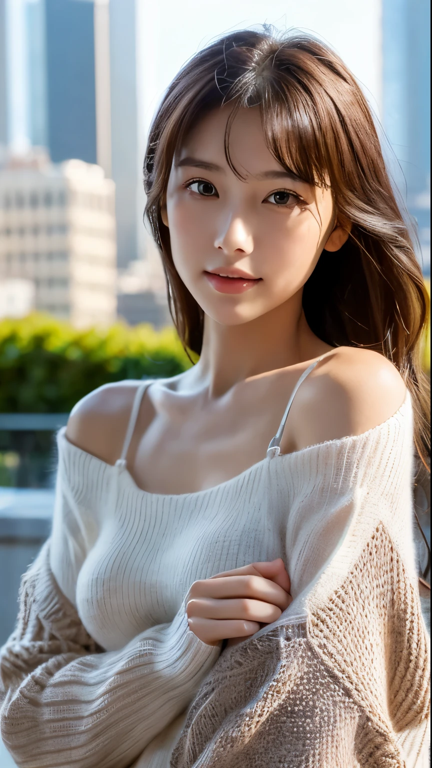 (highest quality、8K、32K、masterpiece、nffsw:1.2)、photo of cute japanese woman、medium breasts、(wolf cut)、(Semi-long dark brown hair),full body shot、surface focus、((High-neck sweater with exposed shoulders))、necklace、From above、When I look at the viewer, I see a very delicate face., skin and hair,muscular,Slender,High Style,High level image quality、city background、gentle eyes、((dynamic shadow))((Against the background of the holiday city))
