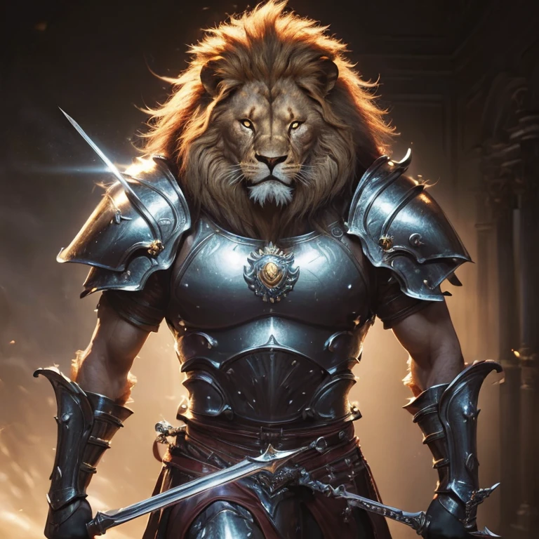 (master piece:1.5), (best quality:1.5), (exquisite lighting and shadow, highly dramatic picture, cinematic lens effect) (Photorealistic picture) (Card game image) 8k, wallpaper, dynamic pose, full body were lion paladin, holding a great sword, africa, ethereal lighting, sharp focus, highly detailed, realistic, cinematic lighting, studio quality
