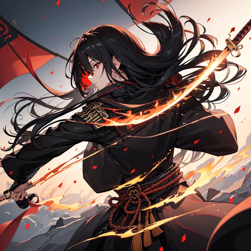 ((blackい髪 Long Hair black Military commander one person Lonely Red Flag Eye patch)) ((night Japanese style old Shining Aura)) (Dance Flame Blade Shining Japan sword Draw your sword) moon star Draw your sword Slashing Catch the wind print Tense face
