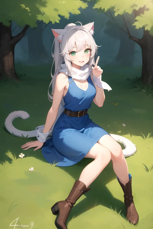 1 girl, neko girl, full body, , white skin, gray cat ears, no human ears, smiling face, happy, blushing, smiling, BLUE dress, belt, long brown boots, white scarf, sitting on grass, Under a tree, Shadow, high quality, Beautiful face, big green eyes, Green cat eyes, elongated pupils, 2-color hair, gray hair with orange details, bangs, pointed bangs, waist-length hair, ponytail , medium breasts, 2 seductive legs, tall, cat tail, gray, green landscape background, field, sun, sun rays, looking at me, anime