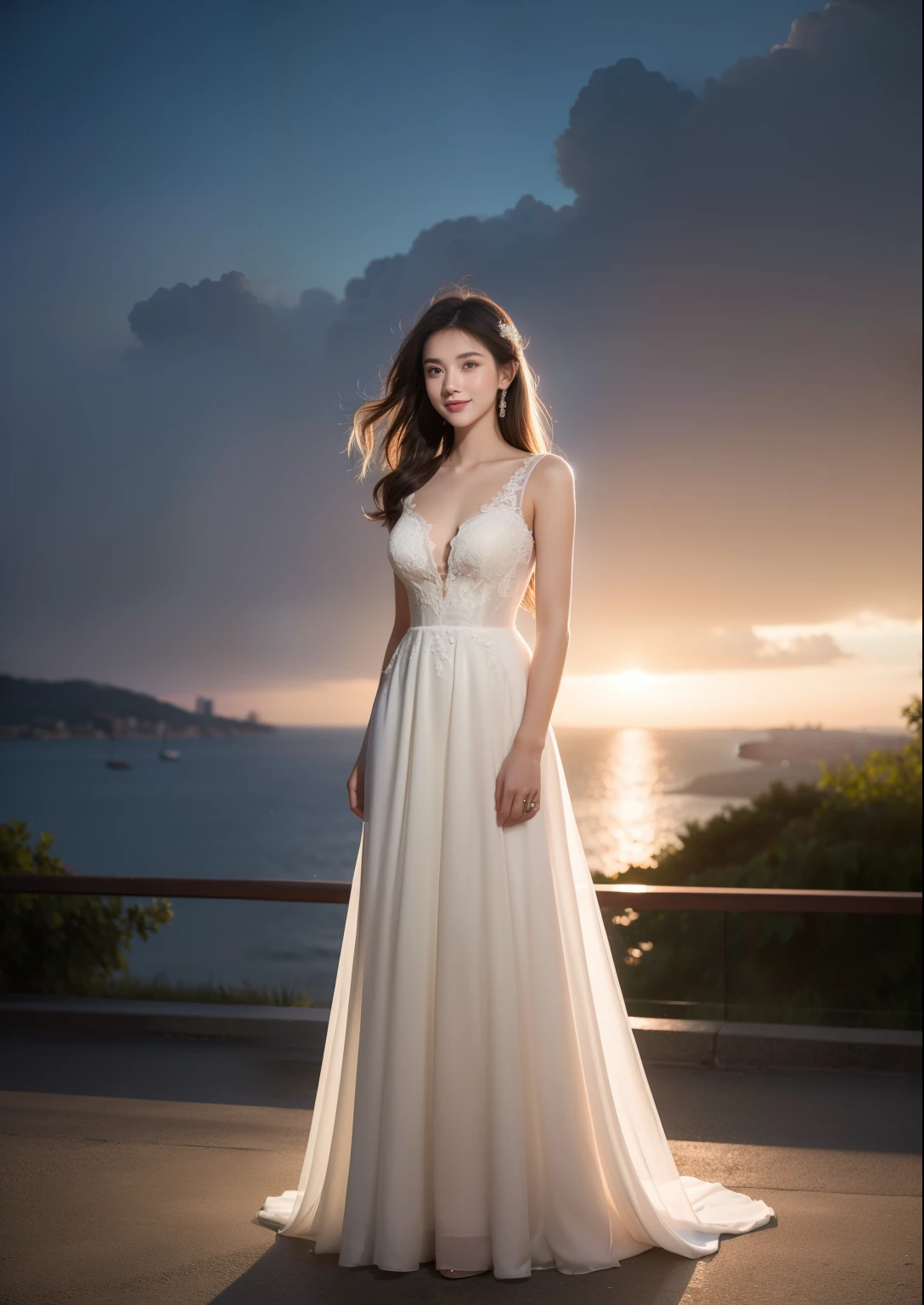 Beautiful 19 year old  woman。She is wearing a summer wedding dress. She is shying and smiling on illuminated by the evening church lights . romantic sunset. her dark brown hair. High resolution、masterpiece、highest quality、頭w:1.0、((Hasselblad Photos))、fine skin、(movie lighting)、clavicle . full body picture.