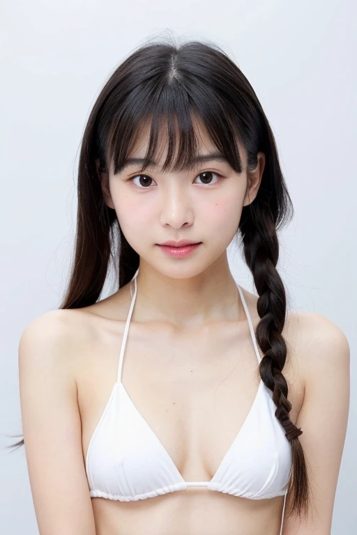 Beautiful and cute Japanese woman, inorganic white Snow White background, natural skin, cute, expressionless, neatly arranged black straight long hair, neatly arranged long bangs, 18 years old, young face, , short stature, bikini, Small breasts, natural skin, a straight standing posture, a neat ponytail that shows the whole body