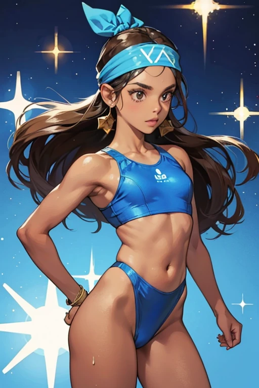 she has bronze brown skin. she wears a blue headband and a blue speedo. SPARKLE; GLITTER