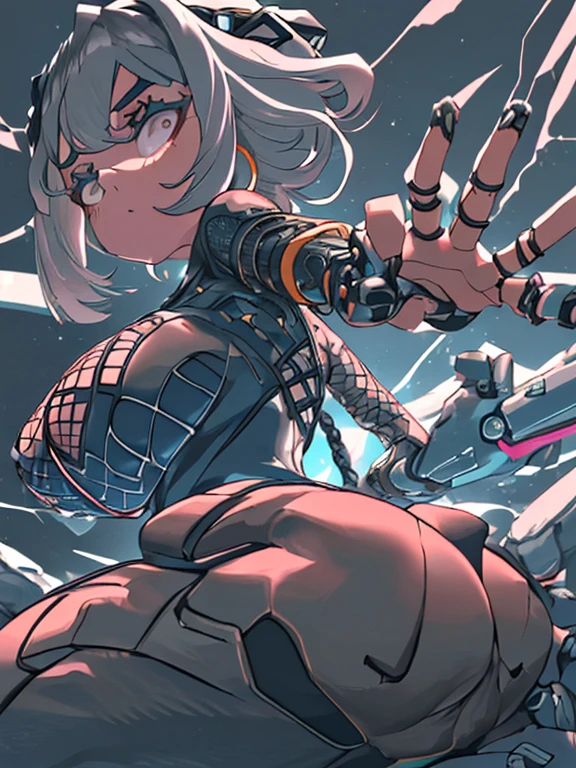 Bodysuit Girl、Large breasts、Big Butt、Round eyebrows、Gray Hair、asymmetry、Bangs、Pink Mesh、Bobcut、Sleepy eyes、Fair skin、giant mechanical hand、Dynamic pose、Nice hands、Perfect hands、highest quality、Highest Resolution、whole body
