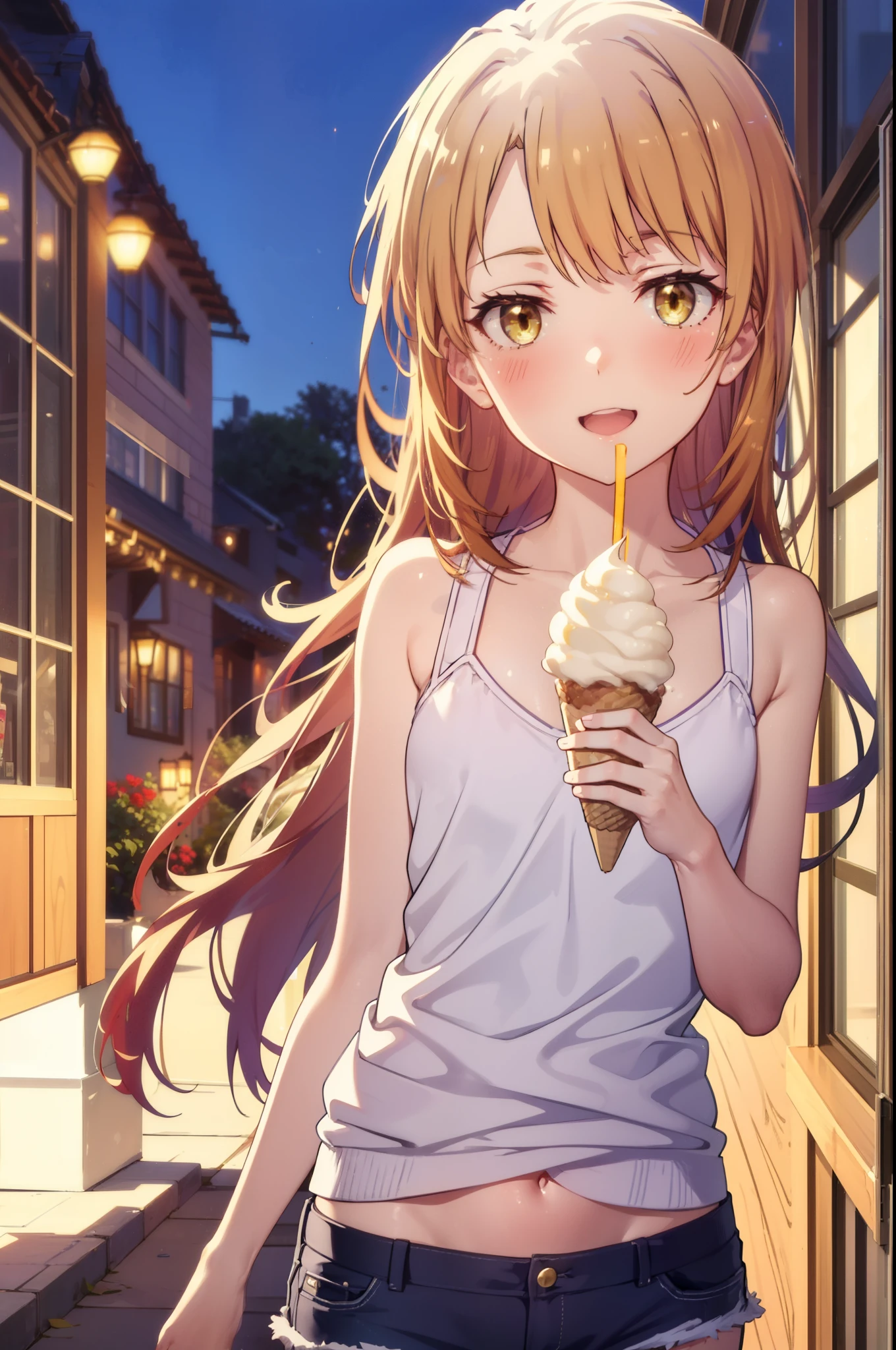 irohaisshiki, Iroha Isshiki, Long Hair, Brown Hair, (Brown eyes:1.5), happy smile, smile, Open your mouth,blush,Tank top shirt,Belly button,Shorts,barefoot,Holding and eating an ice cream,Daytime,Clear skies,Verandaのベンチに座っている,wind chimes,whole bodyがイラストに入るように,Home　garden,
break indoors, Veranda,terrace,
break looking at viewer,whole body,(Cowboy Shot:1. 5)
break (masterpiece:1.2), highest quality, High resolution, unity 8k wallpaper, (figure:0.8), (Beautiful fine details:1.6), Highly detailed face, Perfect lighting, Highly detailed CG, (Perfect hands, Perfect Anatomy),