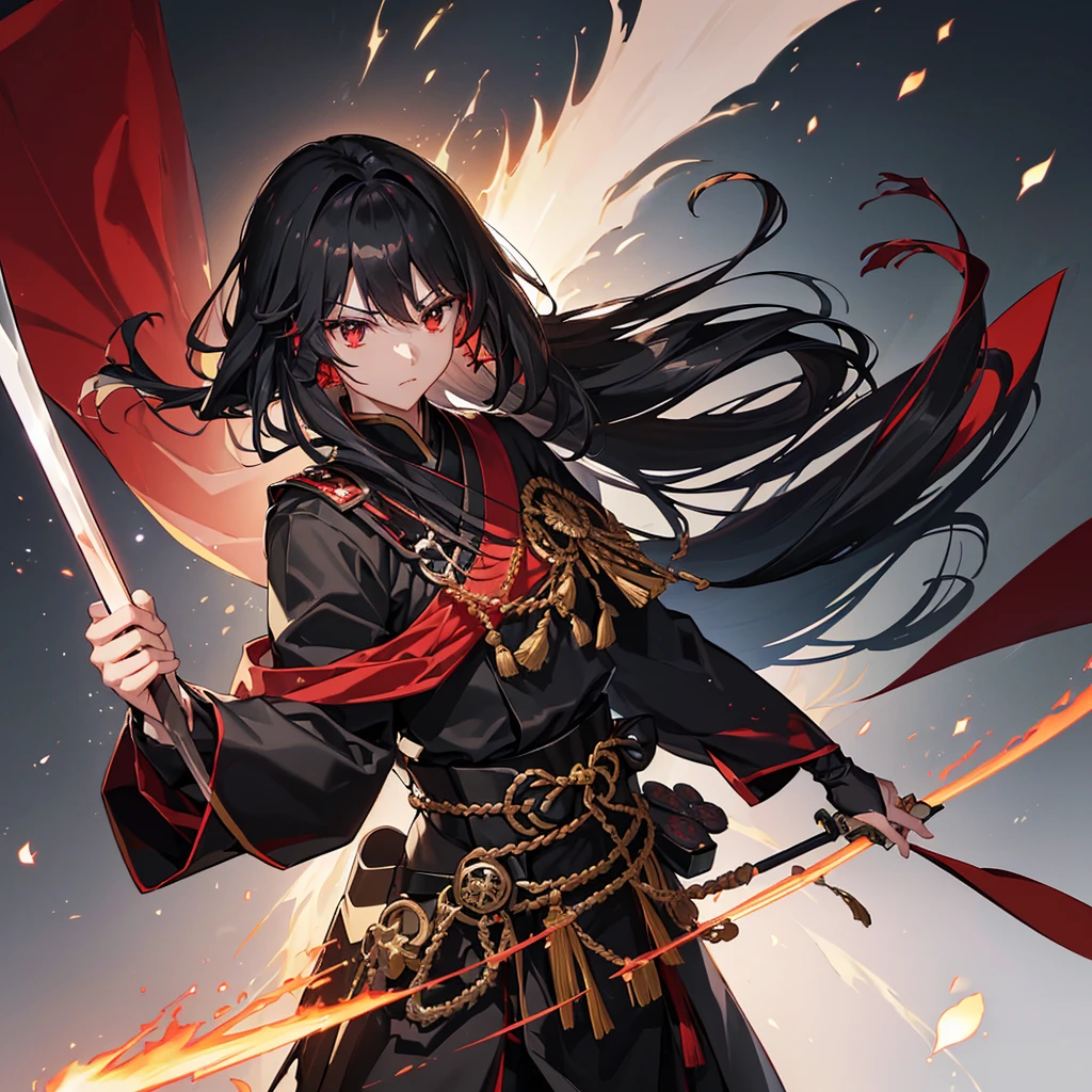 ((blackい髪 Long Hair black Military commander one person Lonely Red Flag Eye patch)) ((night Japanese style old Shining Aura)) (Dance Flame Blade Shining Japan sword Draw your sword) moon star Draw your sword Slashing Catch the wind print Tense face