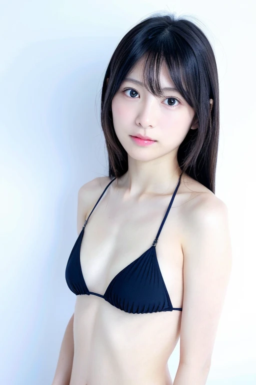 Beautiful and cute Japanese woman, inorganic white Snow White background, natural skin, cute, expressionless, neatly arranged black straight long hair, neatly arranged bangs, 30 years old, young face, small build, short stature, bikini, small breasts , natural skin texture, straight standing posture, full body photo