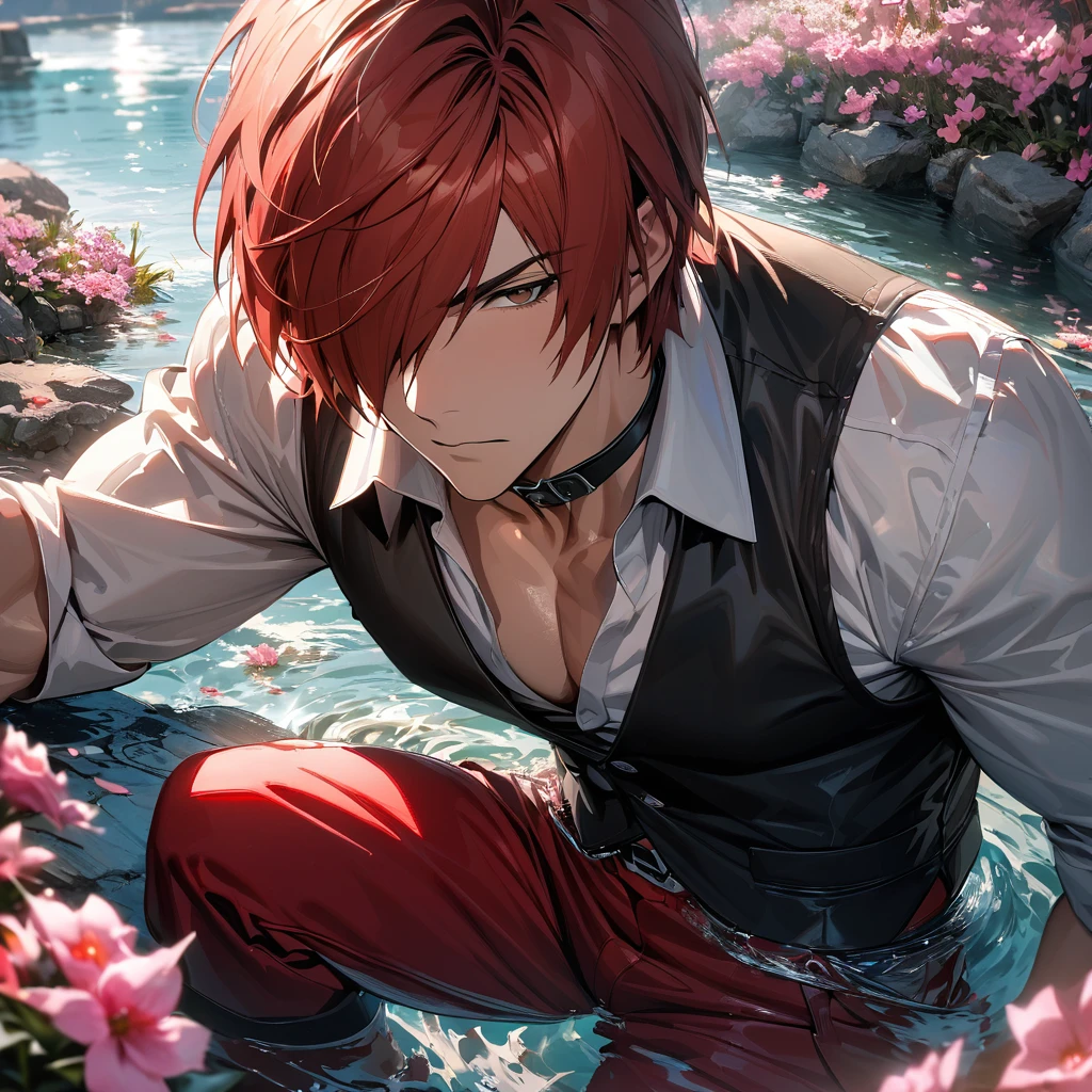 absurdres, highres, ultra detailed, HDR, master piece, best quality, extremely detailed face and eyes, Iori Yagami, red hair, short hair, hair over the right eye, expressive brown eyes, The King Of Fighters, black vest, white shirt, black collar, red pants, solo, sexy man, handsome, pink flowers, water, spring
