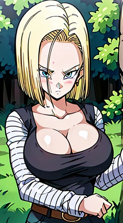 masterpiece, detailed face, 
android 18,  buu saga, , 1girl, solo, looking at viewer, short hair, blue eyes, blonde hair, collarbone, 
field, trees,((huge tits:1.2)),cleavage, forest, upper body, lying on field, hovering, 
midair, 
black shirt, long sleeves, striped sleeves, hoop earrings, shoes, orange socks, belt, high waist pants,( embarrassed :1.3),(blush)
