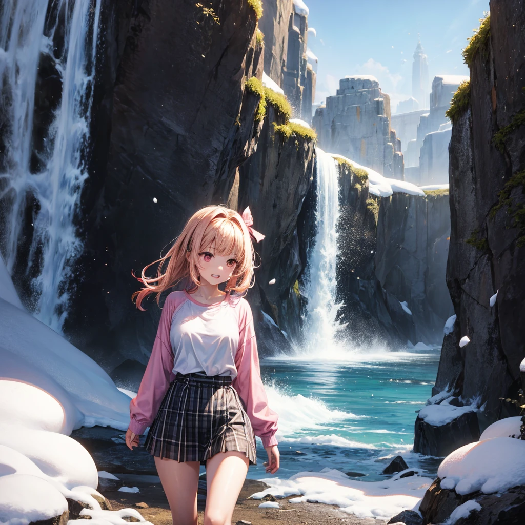 Pink gold golden hair、Red eyes、One good looking girl、solo、anime、Checkered mini skirt、The skirt has buttons、one piece、Blue camisole、White T-shirt、Jin、Long sleeve、Black knee-high、Wearing a ribbon、Ribbon on waist、Tilting face、Teeth are visible、waterfall、tunnel、Sunset sky、The water surface is exploding、The rocks are exploding、Penguins are walking、Snow is piled up