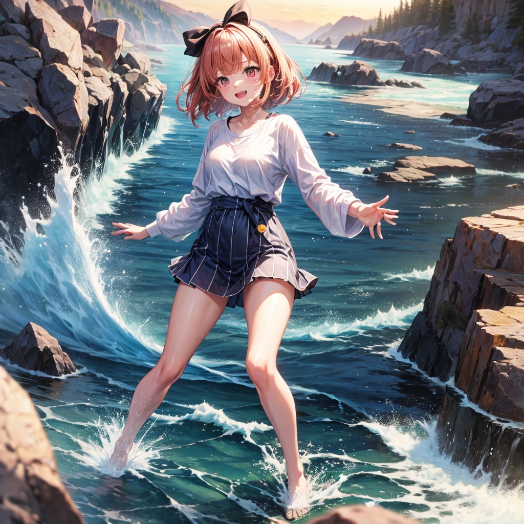 Pink gold golden hair、Red eyes、One good looking girl、solo、anime、Checkered mini skirt、The skirt has buttons、one piece、Blue camisole、White T-shirt、Jin、Long sleeve、Black knee-high、Wearing a ribbon、Ribbon on waist、Tilting face、Teeth are visible、waterfall、tunnel、Sunset sky、The water surface is exploding、The rocks are exploding、Penguins are walking、Snow is piled up