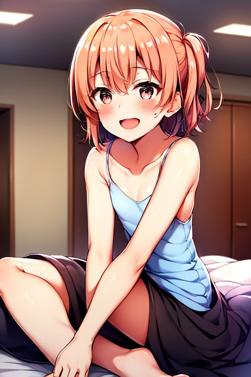 ((highest quality)), ((masterpiece)), (be familiar with), Perfect Face, indoor, Bedroom, Watching the audience,
One woman, Yuigahama Yui,
Open Mouth, Ecstatic expression, blush, smile,
Small breasts, Flat Chest, Young Girl, , , Girl,
Short Hair, Salmon-colored hair, Salmon-colored eyes, Side Pony,
Leg spread,