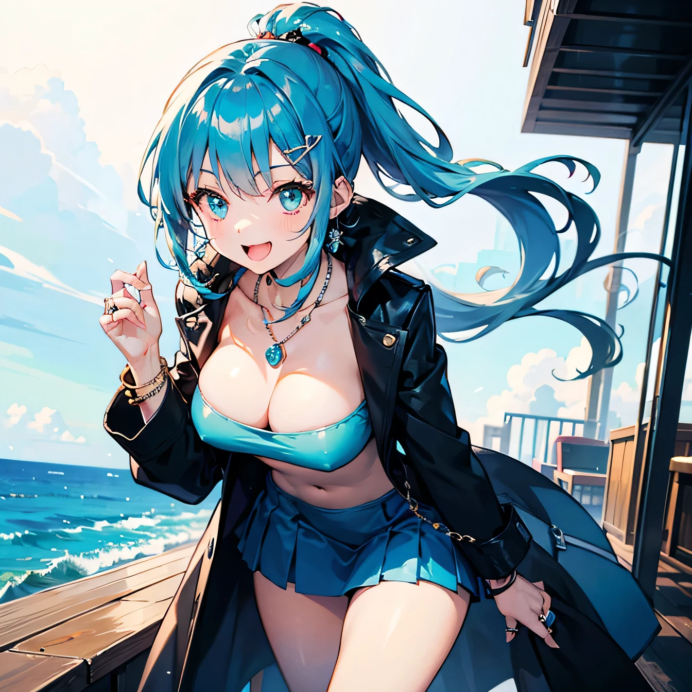 Anime Moe Art Style,highest quality,High resolution,Anatomically correct,One Girl,Mid-s,A girl with light blue hair in a ponytail,Super detailed,Fantasy-style world,Tube top,mini skirt,Big Breasts,Laughing with your mouth open,Ship deck,Leaning forward to take in the view,Excited,Eyes drawn in detail,hair ornaments,necklace,bracelet,ring,Wearing a long black coat over his shoulders,8K