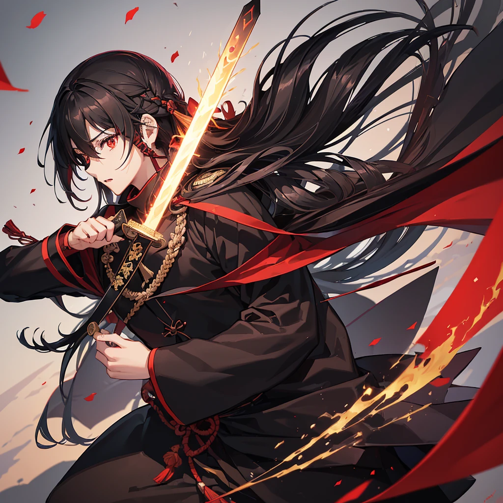 ((blackい髪　Long Hair　black　Military commander　one person　Lonely　Red Flag　Eye patch))　((night　Japanese style　old　Shining Aura))　(Dance　Flame Blade　Shining Japan sword　Draw your sword)　moon　star　Draw your sword　Slashing　Catch the wind　print　Tense face