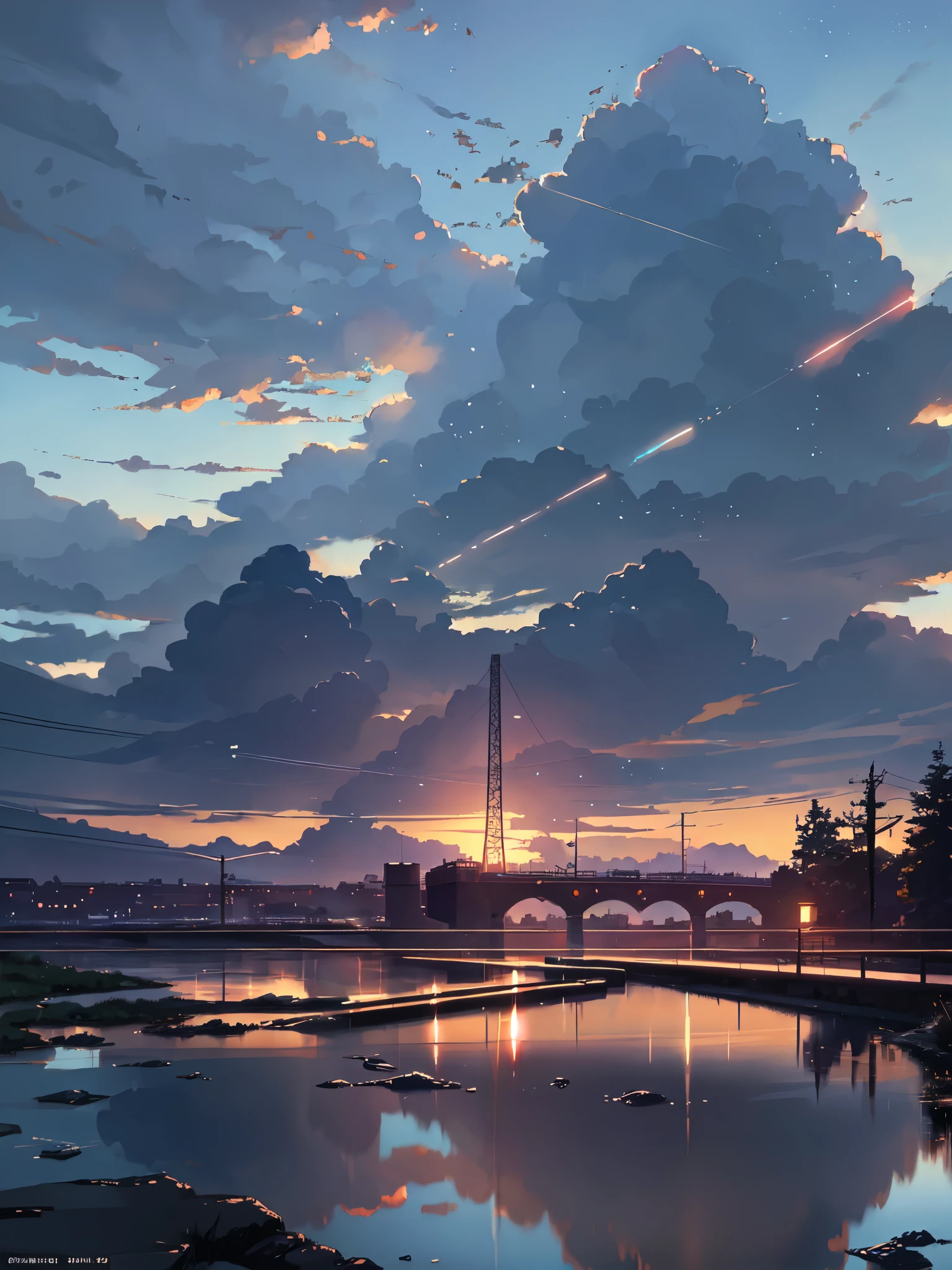 Anime scenery of a sunset over a river with a bridge - SeaArt AI