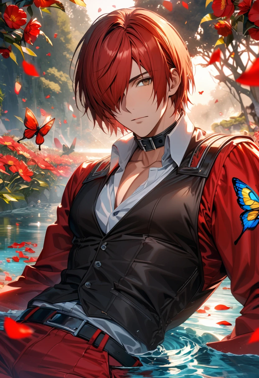 Ultra detailed, Highres, absurdres, HDR, Iori Yagami, red hair, short hair, hair over the right eye, expressive brown eyes, black vest, black collar, white tight shirt, The King Of Fighters, red flowers, petals, extremely handsome, sexy man, solo, very detailed eyes and face, spring, butterflies, water, red pants