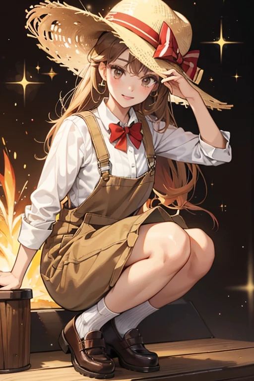 she wears a white shirt, red bow tie, and brown overalls. she also wears a tan hat with a red stripe and black shoes. SPARKLE; GLITTER