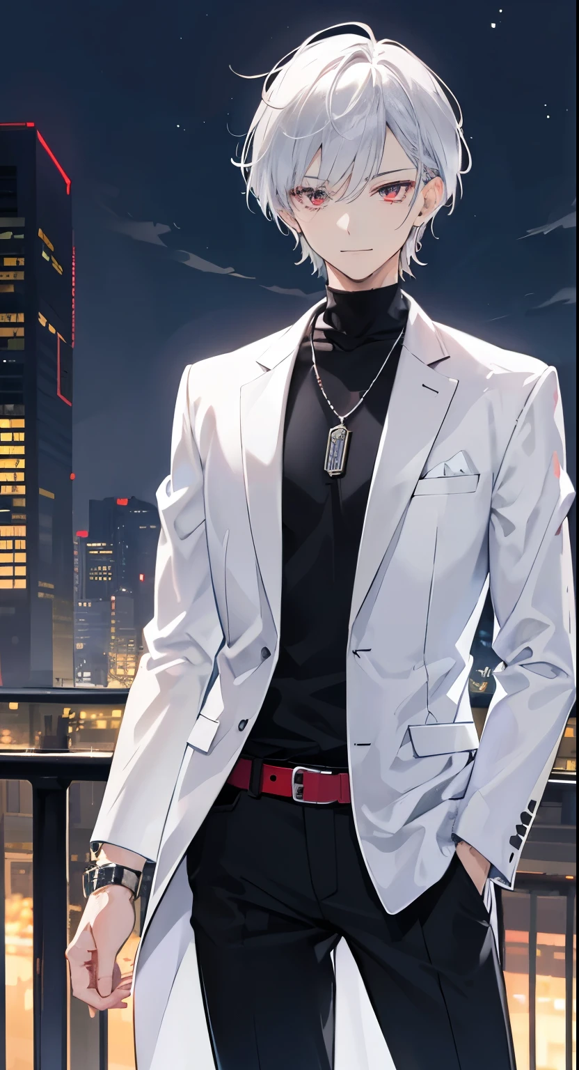 High resolution, high resolution,2D Anime Style,,Cool guy,Mature look,,20th Generation,Short Hair,Silver Hair,Red eyes,Beautiful watch,Beautiful earrings,Beautiful necklace,Futuristic Cyber Fashion,He is smiling a little,night,walking,Put your hands in your pockets