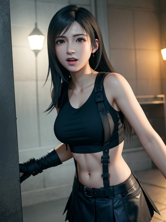 {highest quality, masterpiece}, {{{Realistic, photo Realistic}}}, break {{{FF7,Tifa_Lockhart,alone}}},{{{dark, A nearly unlit torture chamber, Wet, night}}},(Face Focus:1.1),  break (((FF7,Tifa_Lockhart))),{Light brown hair, Large Breasts},(Tifa_Lockhart uniform:1.3, suspenders, Low rise, mini skirt, Tank top),  break (((FF7,Tifa_Lockhart))),{{{Swarm, Monster Crowd}}}, Wet hair, Around 18 years old,Sensual, avert your eyes:1.2, Monsters attack:1.3,(Tifa_Lockhart,Backed up against a wall),(Chased,run away),Approaching Fear, scream, pain, Hordes of monsters :1.7, {{{Body sweating, Sweat}}}, Wet body:1.3