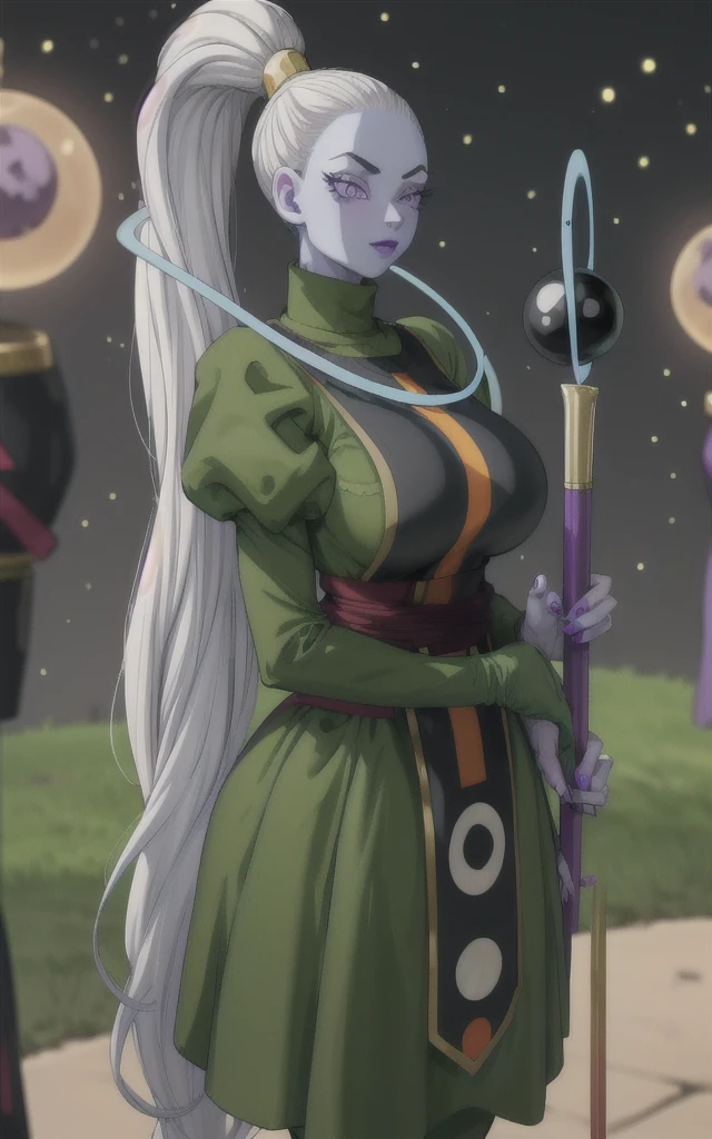 Dress_DragonBallSuper_Vados_ownwaifu,
1girl, blue skin, white hair, hair pulled back, high ponytail, purple eyes, colored skin, alien, long hair, very long hair, lipstick, makeup, purple lips, breasts, large breasts, eyelashes, jewelry, purple nails,
puffy sleeves, long sleeves, dress, juliet sleeves, sash, green skirt, puffy long sleeves, turtleneck,
((masterpiece)),((best quality)),(highres, absurdres), original, bokeh, depth_of_field, scenery, spotlight, focused, looking at viewer, solo, cowboy shot,
