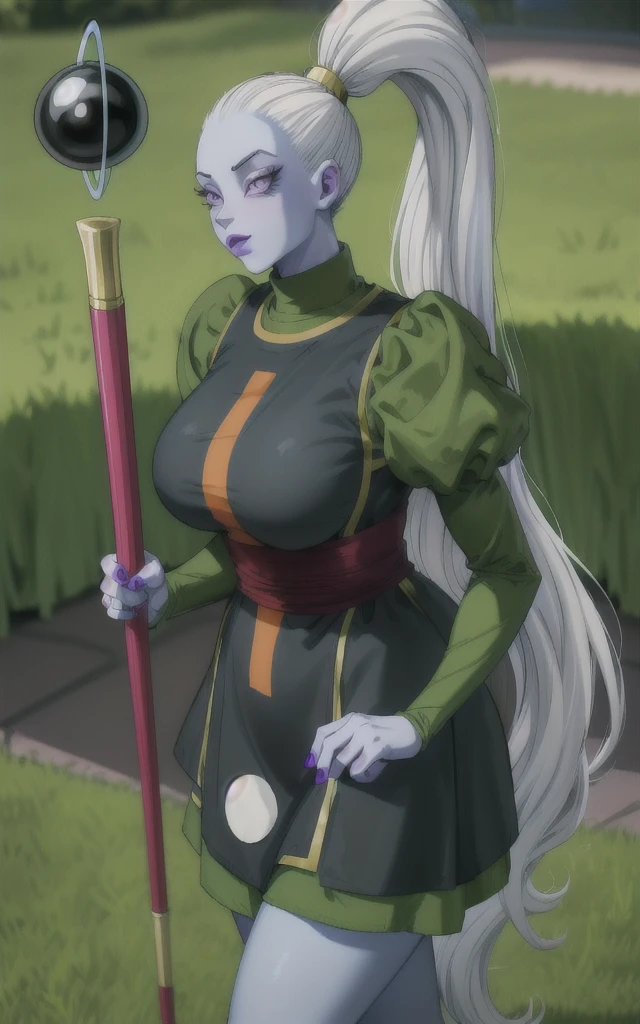 Dress_DragonBallSuper_Vados_ownwaifu, ultra detailed, photo realistic, masterpeace, artgerm style,
1girl, blue skin, white hair, hair pulled back, high ponytail, purple eyes, colored skin, alien, long hair, very long hair, lipstick, makeup, purple lips, breasts, large breasts, cleavage, down blouse, eyelashes, jewelry, purple nails,
puffy sleeves, long sleeves, dress, juliet sleeves, sash, green skirt, puffy long sleeves, turtleneck,
((masterpiece)),((best quality)),(highres, absurdres), original, bokeh, depth_of_field, scenery, spotlight, focused, looking at viewer, solo, cowboy shot,