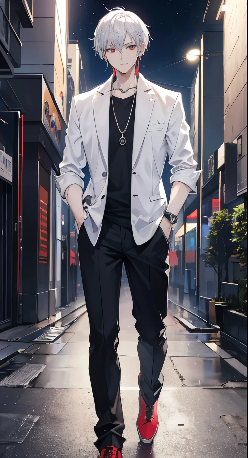 High resolution, high resolution,2D Anime Style,,Cool guy,Mature look,,20th Generation,Short Hair,Silver Hair,Red eyes,Beautiful watch,Beautiful earrings,Beautiful necklace,Futuristic Cyber Fashion,He is smiling a little,night,walking,Put your hands in your pockets