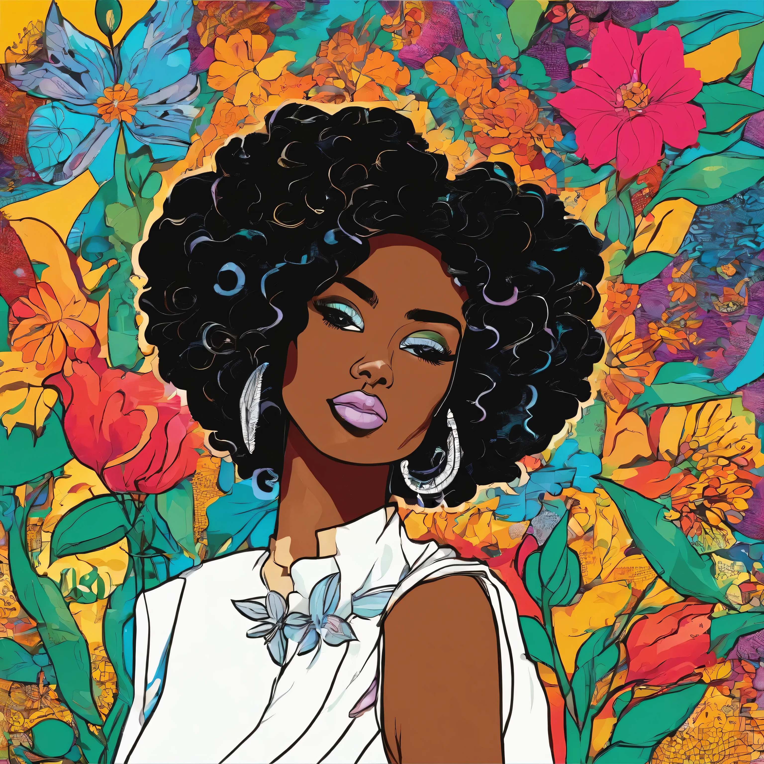 Black girl, elegant, Vibrant colors,Sereno, brilhante ao lado direito, magic, elegant, Blooming Flowers, dramatic, organic composition、jasmine、