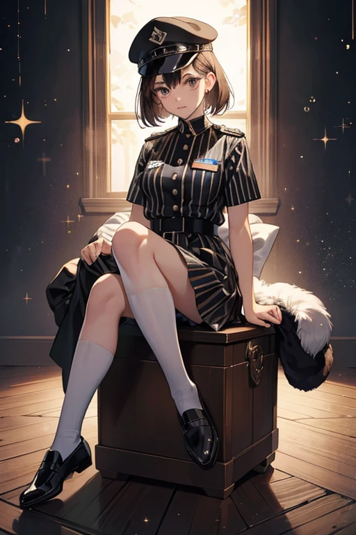 she wears a black and white striped prisoner’s uniform with a cap and brown shoes. SPARKLE; GLITTER