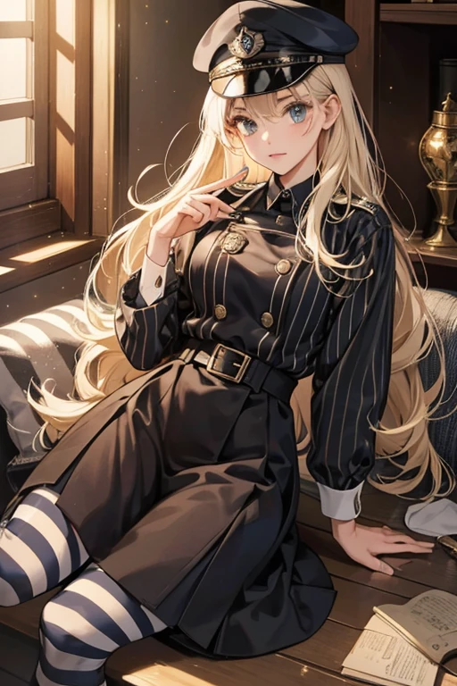 she wears a black and white striped prisoner’s uniform with a cap and brown shoes. SPARKLE; GLITTER