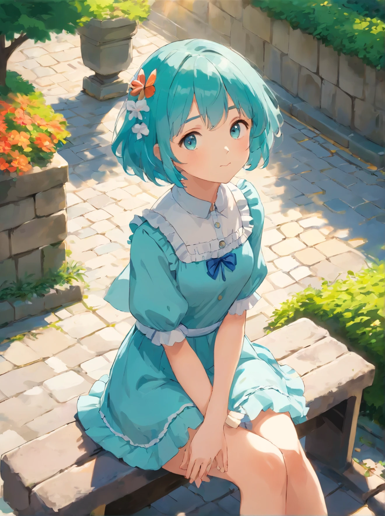((solo:1.2)),cute girl sitting on bench in garden,frilled dirndl,from above,looking up,cobblestone pavement,aqua hair,fine bob cut,(hair over one eye),(dappled sunlight:1.2),blurry,(depth of field:1.1),head tilt,:o,(petals),tree,butterfly