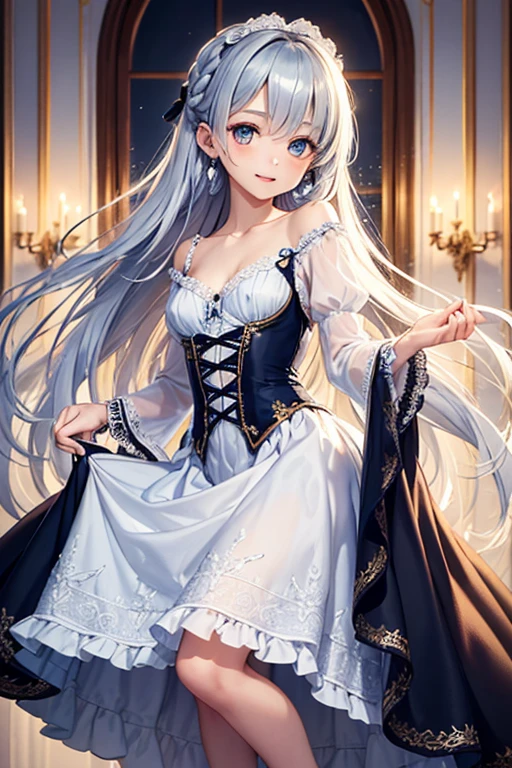 ((masterpiece 1.8)), ((ultra-detailed)),8K, ((High resolution)), ((ultra quality)), (High quality), (depth of field), full body,
((1girl)), solo, ((very beautiful and cute girl)), ((16years old graceful girl)), ((gradation colored hair silver:1.4 pale blue:0.6)), (super long hair), ((fine detailed eyelash)), ((close eyes)), ((small bast)), ((bangs)), ((french braid)), ((slender:1.5)), (creavege), (collarbone), jewelry, earrings, parted lips, ((lace trimmed dress)), ((silver trim)), ((robe decolletee)), ((Silver embroidery)),((lot of ruffles)), ((cascade ruffles)), (pinch the skirt with both hands:1.1), (skirt lift), ((curtsey:1.4)), (pull one leg), victorian style
((dancehall)),,
front light, back light,
Prismatic light,
prismatic reflection,