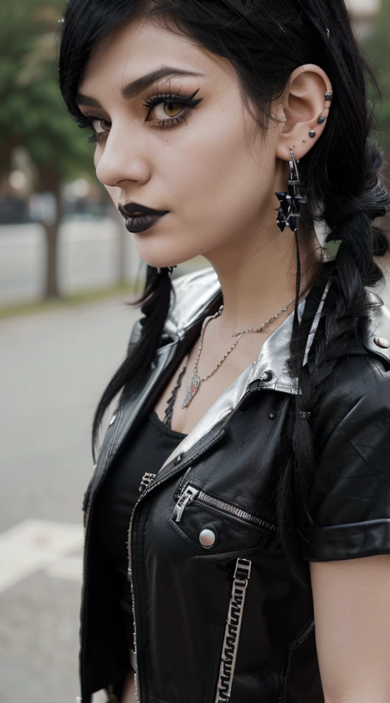 Arabian woman with black hair wearing a black leather jacket, Black Pigtails, Goth Girl, cruel korean Goth Girl, gauged ears, goth style, 1 7 - year - old anime Goth Girl, 1 7 - year - old Goth Girl, Goth Girl aesthetic, Wearing gothic accessories, Pale Goth Beauty, Black Hair Girl, Tifa Lockhart