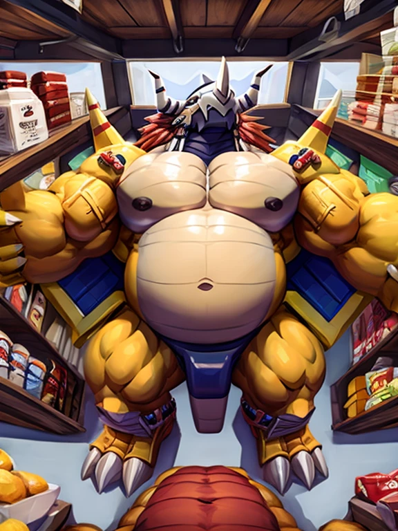 Wargreymon, musclegut, wide shop, upward perspective 