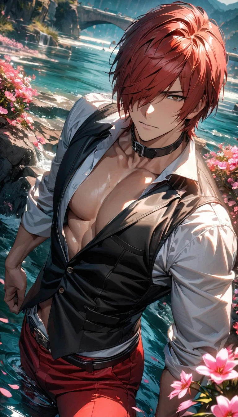 absurdres, highres, ultra detailed, HDR, master piece, best quality, extremely detailed face and eyes, Iori Yagami, red hair, short hair, hair over the right eye, expressive brown eyes, The King Of Fighters, black vest, white shirt, black collar, red pants, solo, sexy man, handsome, pink flowers, water, spring