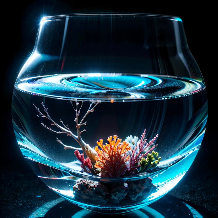 masterpiece, highest quality, Raw photo, The underwater world in a glass vessel, Crystal clear water, (transparency:1.3), Fantasy, charm, Quietness, Lonely, A strong light illuminating the ocean floor from the front, reflection, diffusion, GLOW, Shot from directly above, 