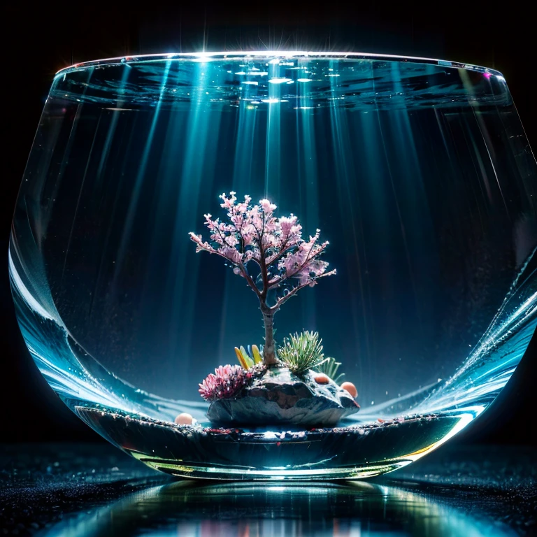 masterpiece, highest quality, Raw photo, The underwater world in a glass vessel, Crystal clear water, (transparency:1.3), Fantasy, charm, Quietness, Lonely, A strong light illuminating the ocean floor from the front, reflection, diffusion, GLOW, Shot from directly above, 