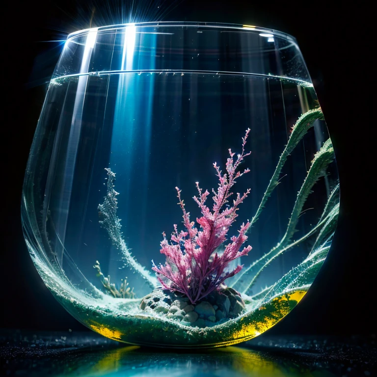 masterpiece, highest quality, Raw photo, The underwater world in a glass vessel, Crystal clear water, (transparency:1.3), Fantasy, charm, Quietness, Lonely, A strong light illuminating the ocean floor from the front, reflection, diffusion, GLOW, Shot from directly above, 