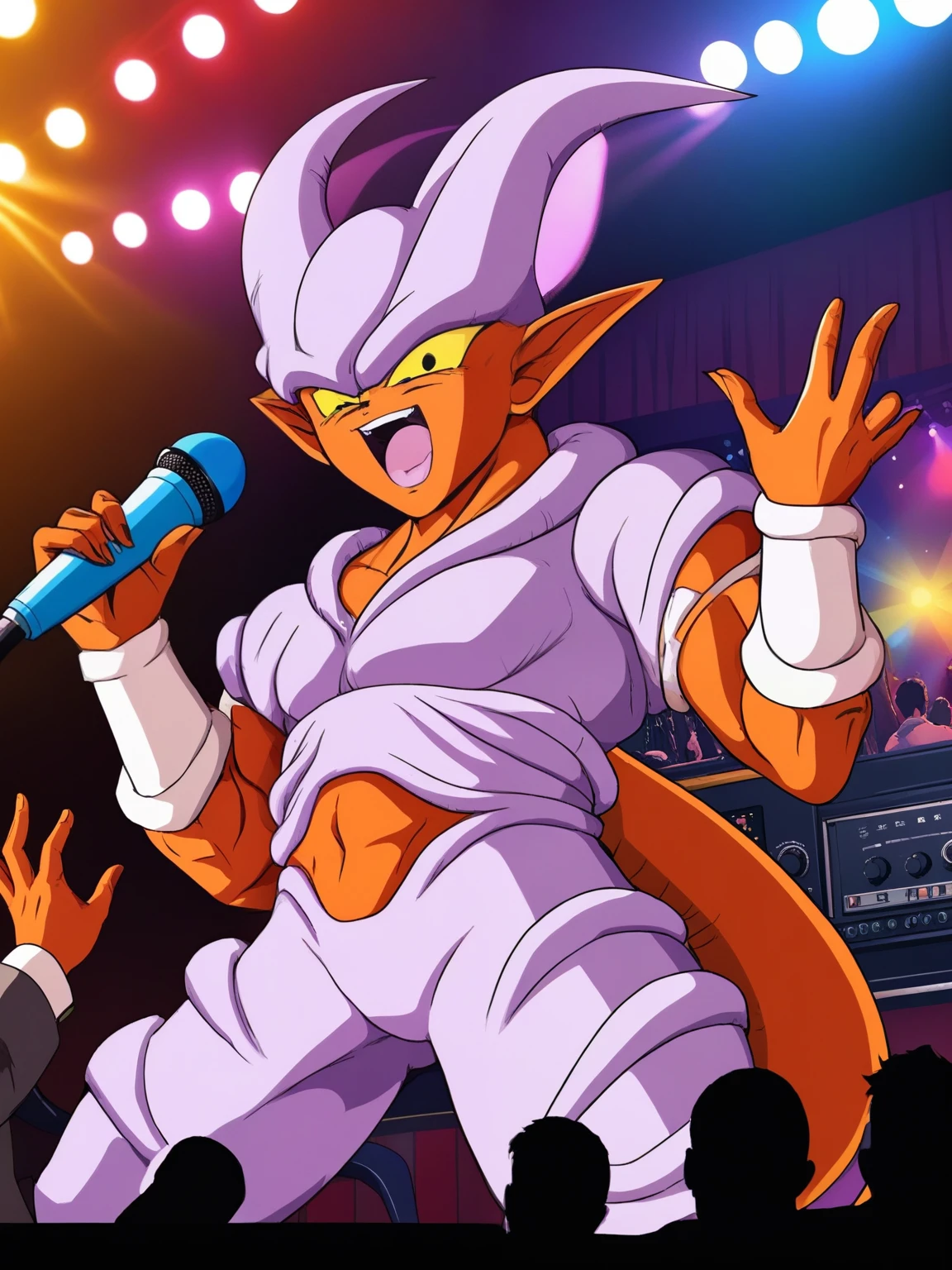 (best quality,4k,8k,highres,masterpiece:1.2),ultra-detailed,(realistic,photorealistic,photo-realistic:1.37),portrait,illustration,Janemba singing in the ktv,dramatic lighting,colorful,beautifully designed microphones,visually stunning backdrop,energetic aura,expressive facial features,soulful eyes,vibrant glow,sparkling stage,detailed stage props,unique character design,eye-catching colors,harmonious blending of music and visuals,meticulously crafted details.