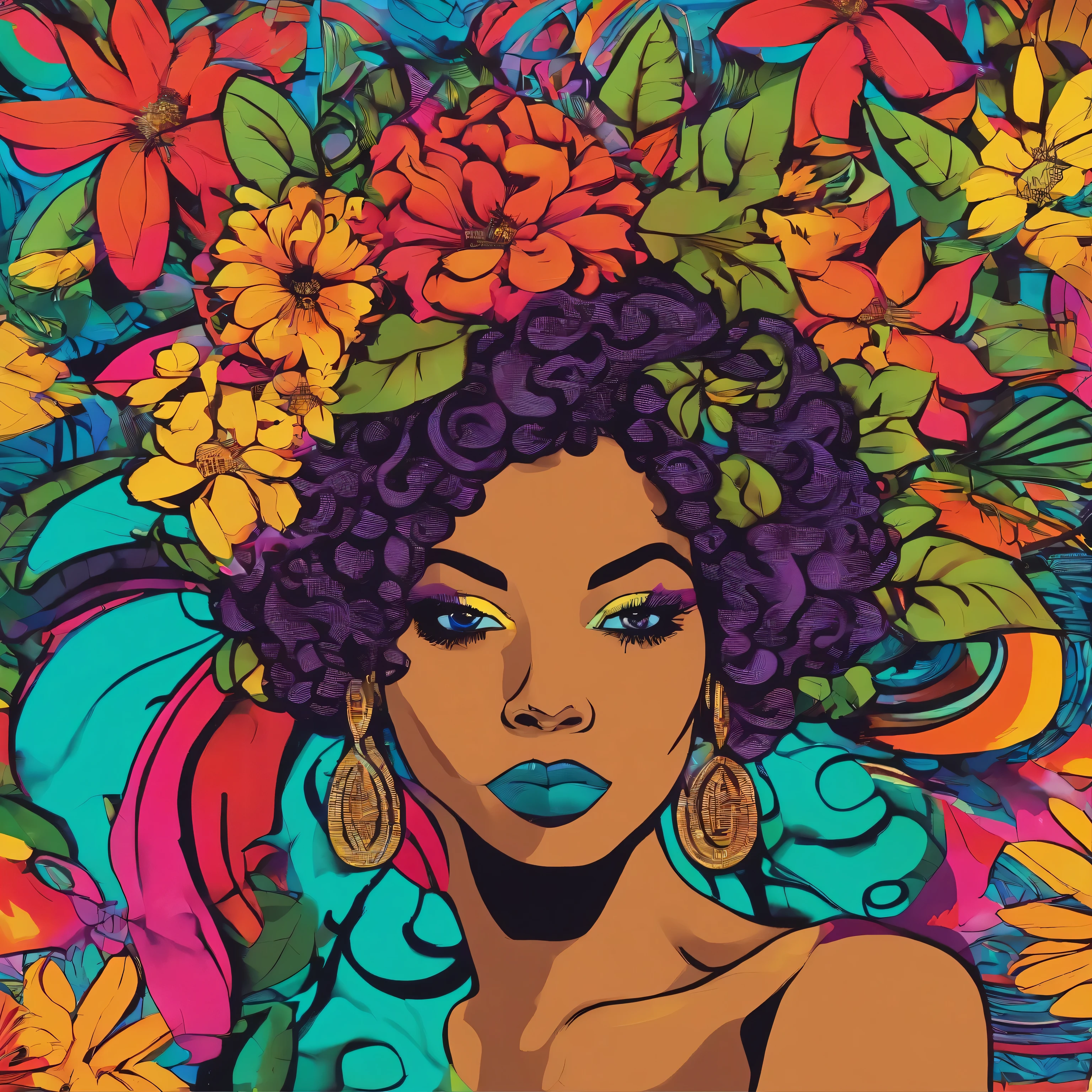 Black girl, elegant, Vibrant colors,Sereno, brilhante ao lado direito, magic, elegant, Blooming Flowers, dramatic, organic composition、jasmine、