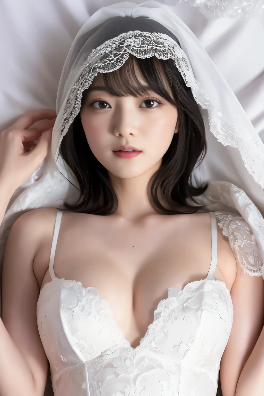 Masterpiece、highest quality、Woman 1、Super detailed、Top view、Gravure idol　Black Hair、Straight Hair、Light bangs　Wedding dress、White Veil　Lying on white sheets、Lie on your back、Gravure pose、Lying Pose　White sheets background