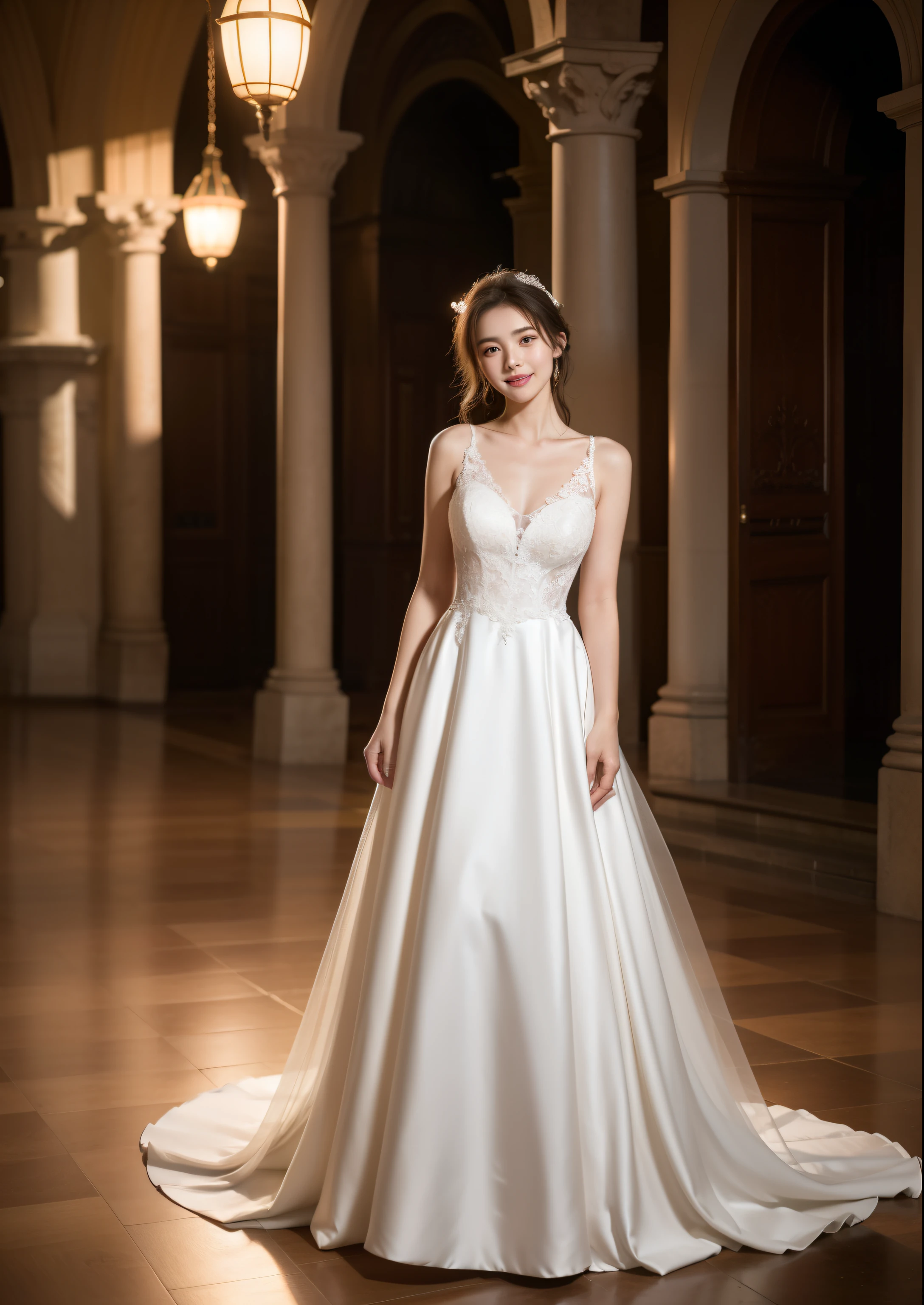 Beautiful 19 year old woman。She is wearing a summer wedding dress. She is shying and smiling on illuminated by the evening church lights . romantic sunset. her dark brown hair. High resolution、masterpiece、highest quality、頭w:1.0、((Hasselblad Photos))、fine skin、(movie lighting)、clavicle . full body picture.