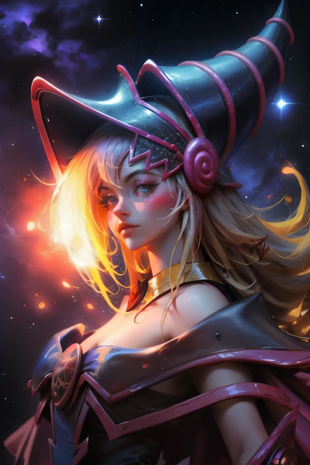 Giles magos oscuros. magos oscuros. ojos azules. cabello rubio. labios rojos. Detailed Features.., cosmic colors, ethereal lighting, Pintura surrealista, high resolution, otherworldly atmosphere, Seres celestiales. Hermosa diosa