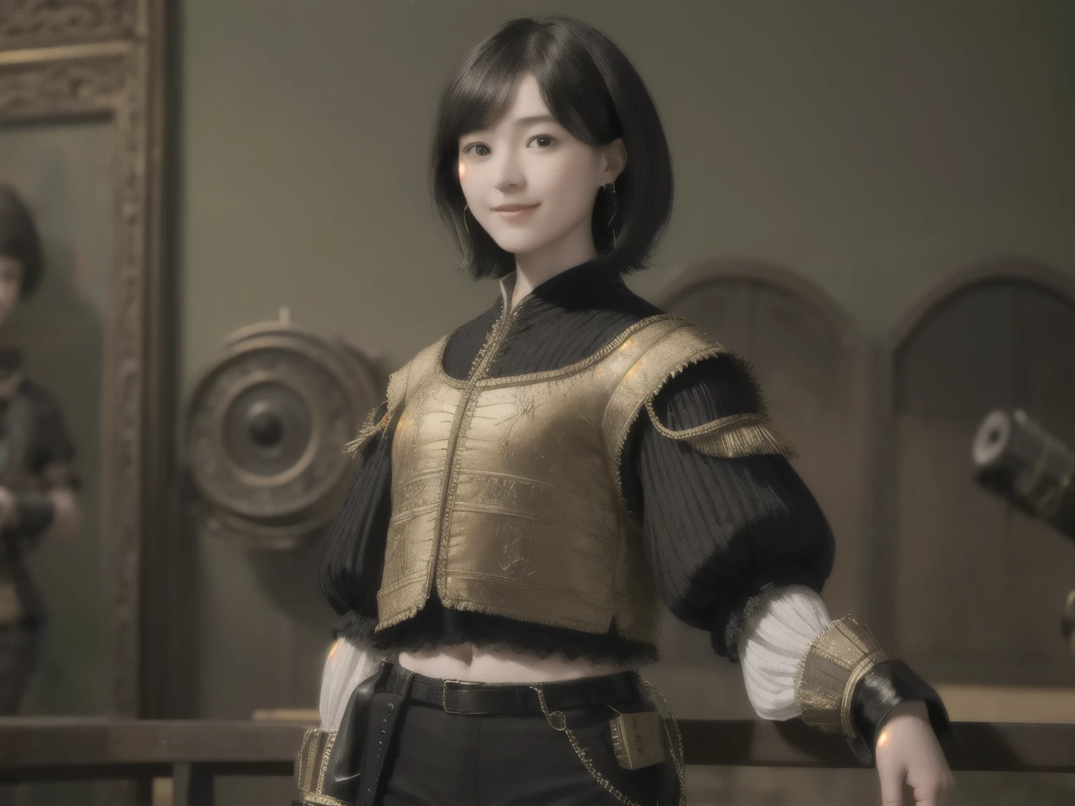 222 Short Hair, 20-year-old woman, A kind smile, (Luxurious stables), (Rembrandt-style painting), (machinery suit, Clothes that show abs、Clothes with short sleeves)