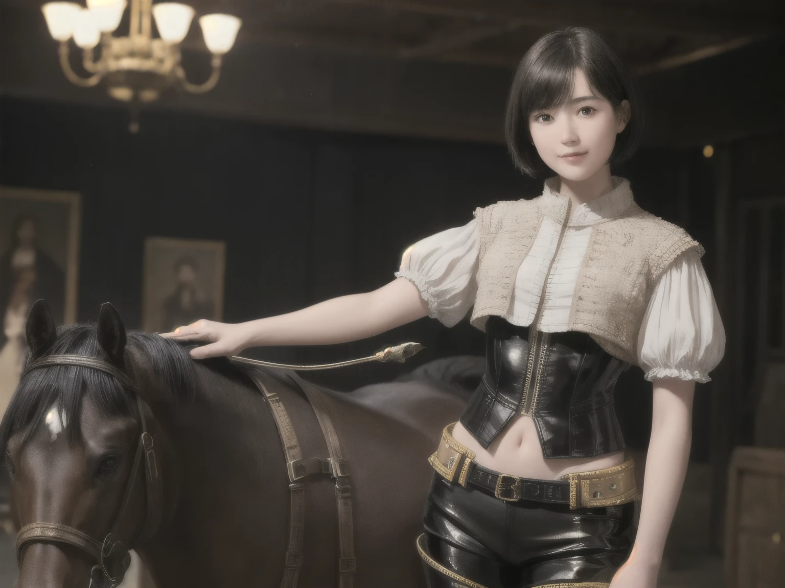222 Short Hair, 20-year-old woman, A kind smile, (Luxurious stables), (Rembrandt-style painting), (machinery suit, Clothes that show abs、Clothes with short sleeves)