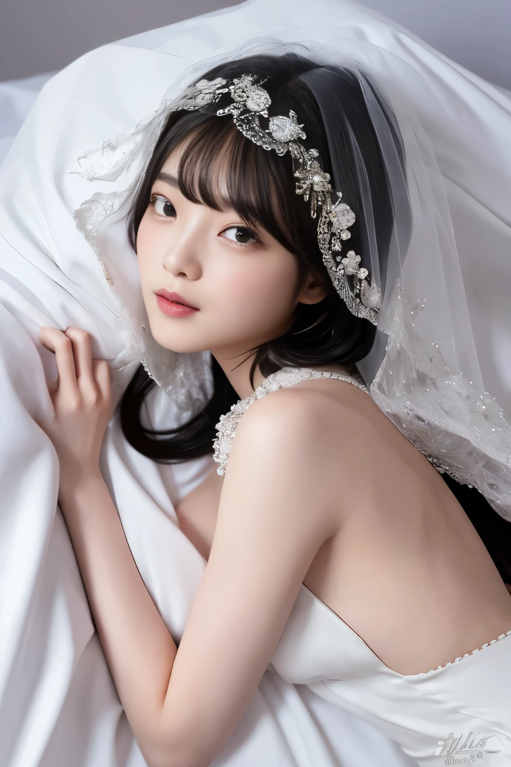 Masterpiece、highest quality、Woman 1、Super detailed、Top view、Gravure idol　Black Hair、Straight Hair、Light bangs　Wedding dress、White Veil　Lying on white sheets、Lie on your back、Gravure pose、Lying Pose　White sheets background